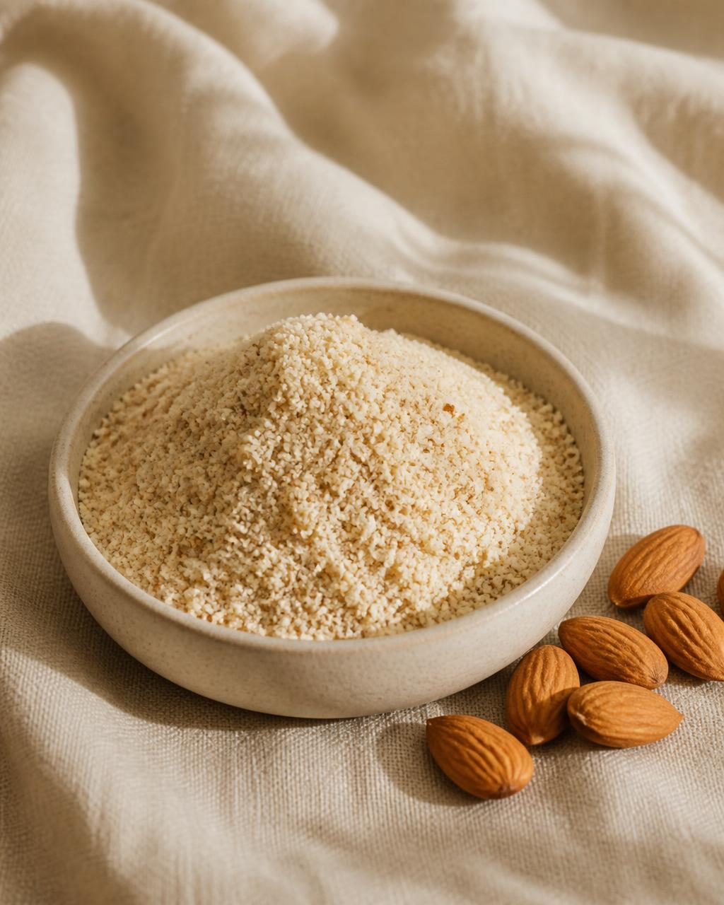 Temporary editorial still life of ground almond meal in a plain ceramic dish on cream linen