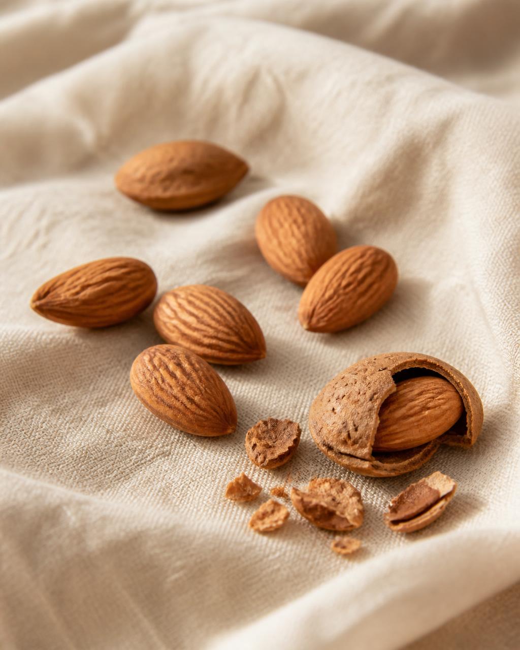 Temporary editorial still life of whole almonds and an almond shell on cream linen