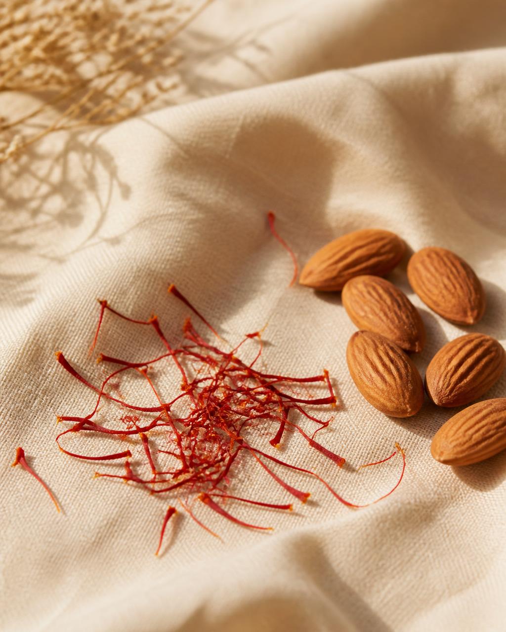 Temporary editorial still life of saffron threads beside whole almonds on cream linen