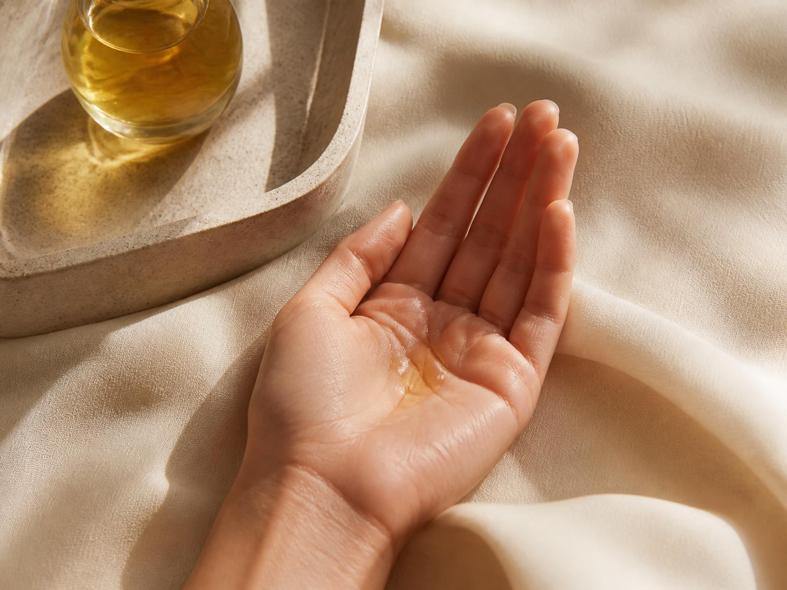 A few drops of oil resting in an open palm