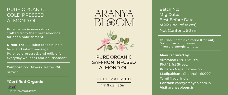 Packaging label preview for Aranya Bloom Saffron Almond Oil