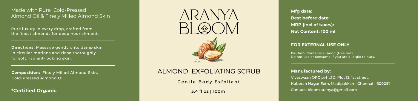 Packaging label preview for Aranya Bloom Almond Exfoliating Scrub